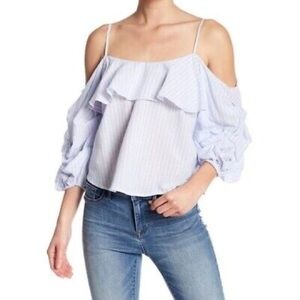 NEW ASTR Blue White Stripe Ruffle Cold Shoulder Top Cottagecore Preppy